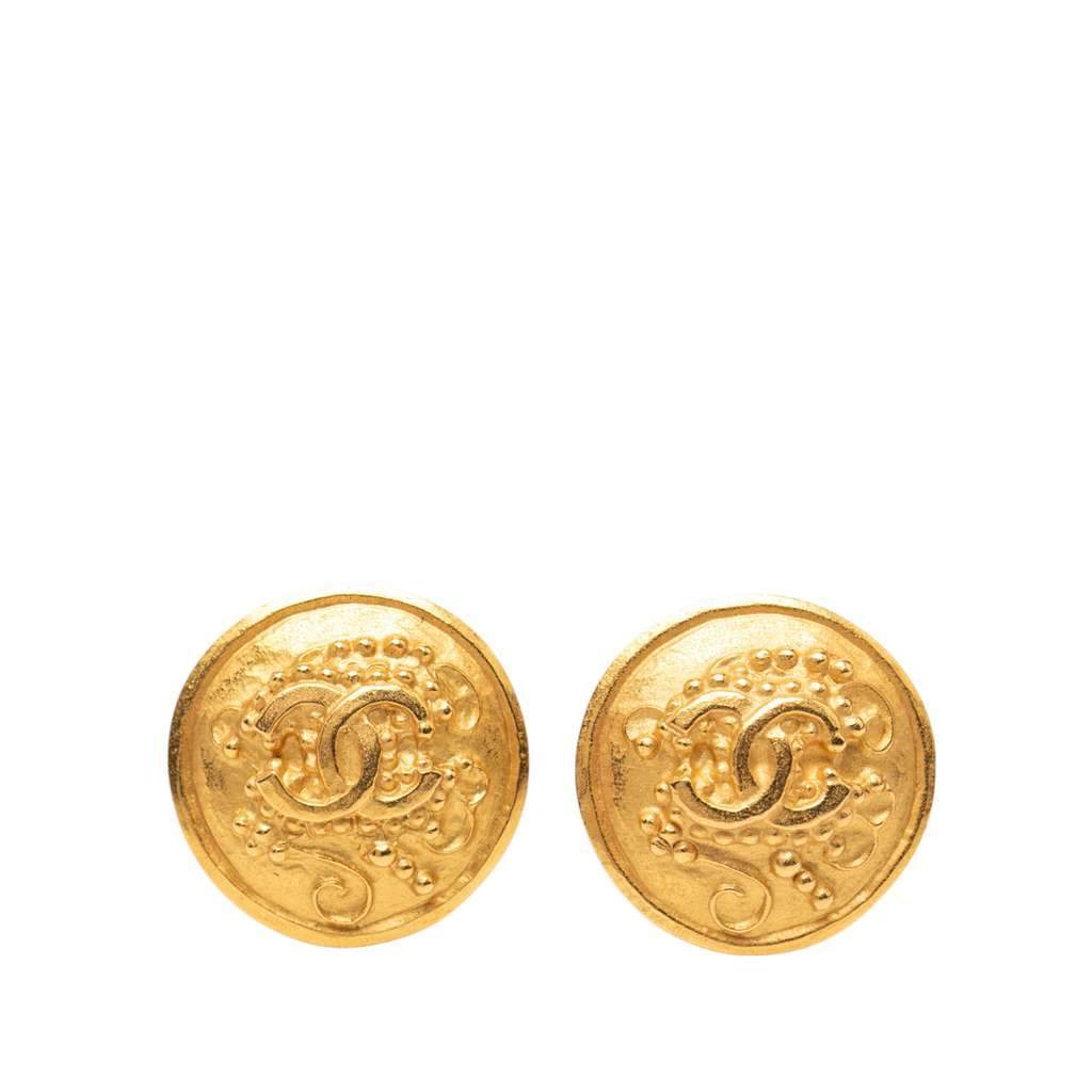 Chanel Gold Plated CC Grapevine Round Clip on Earrings Gold Metal Very good - Front View