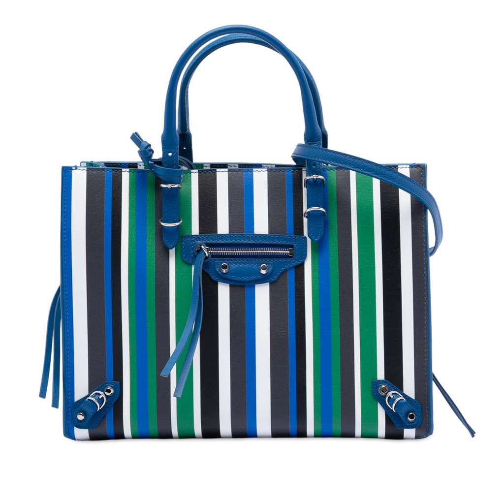 Balenciaga Mini Leather Striped Papier A6 Zip Around Satchel Blue Leather Very good condition - Front View