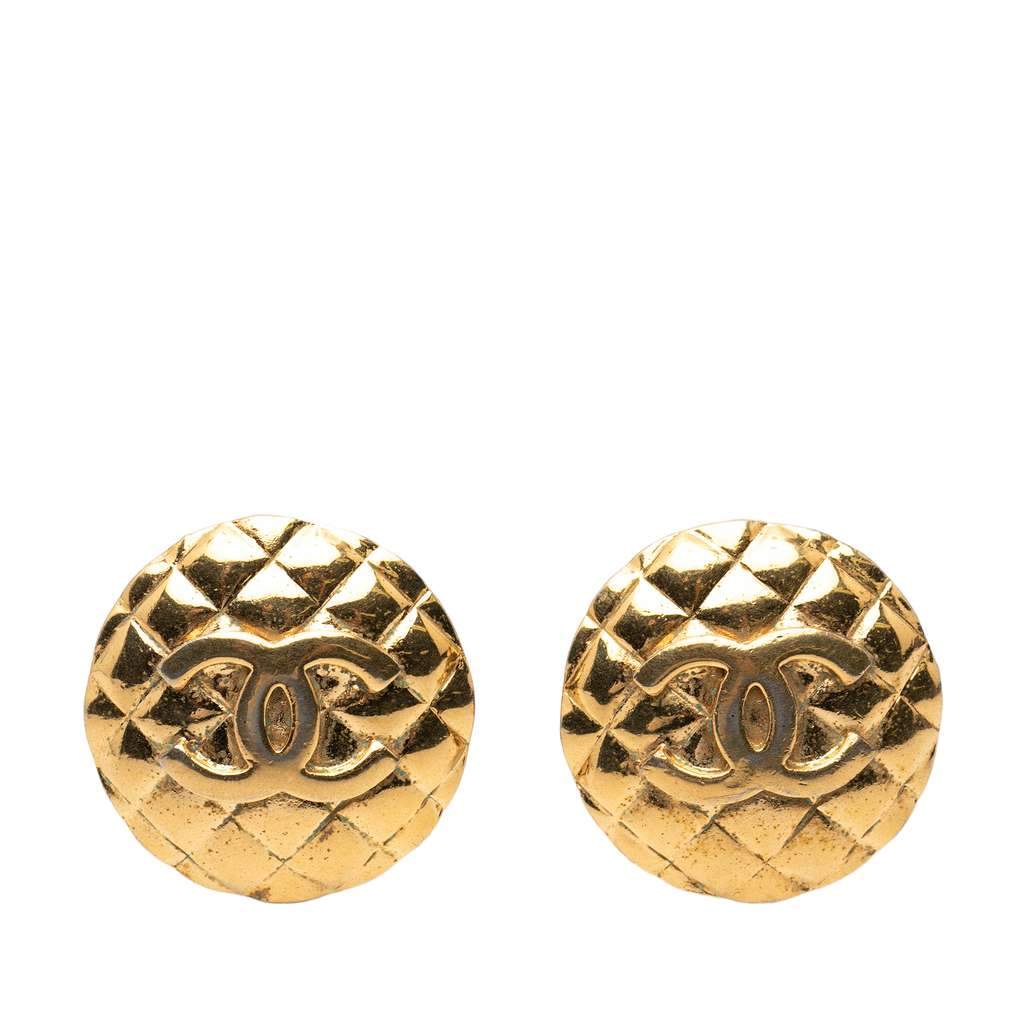 Chanel CC Quilted Gold Plated Round Clip on Earrings Gold Metal Very good - Front View