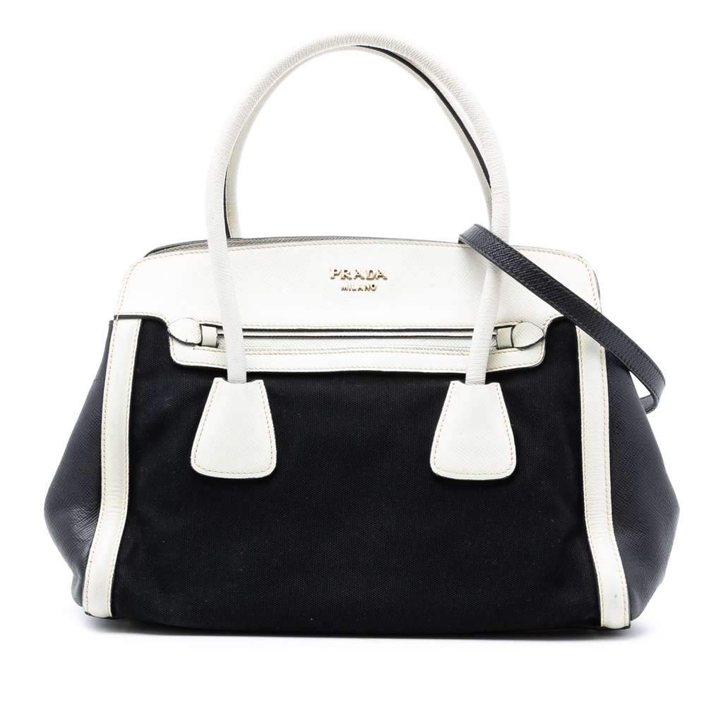 Prada Bicolor Saffiano Cuir Trimmed Canvas Satchel Black Canvas Very good - Front View