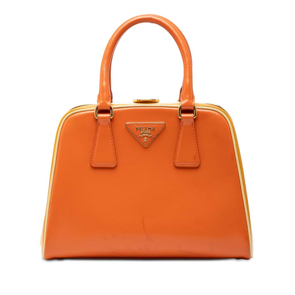 Prada Bicolor Saffiano Vernice Pyramid Frame Handbag Orange Leather Very good condition - Front View