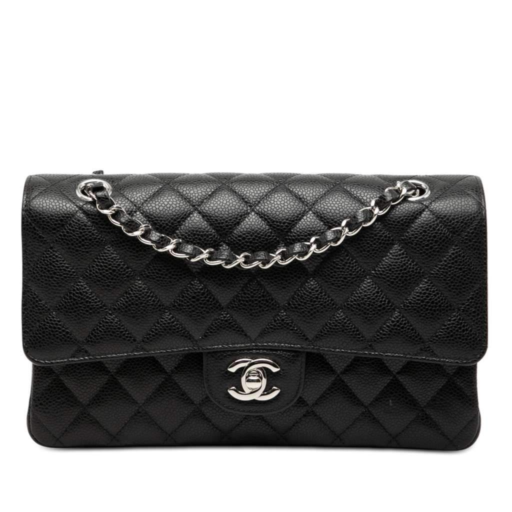 Chanel Medium Classic Caviar Double Flap Black Leather Good - Front View