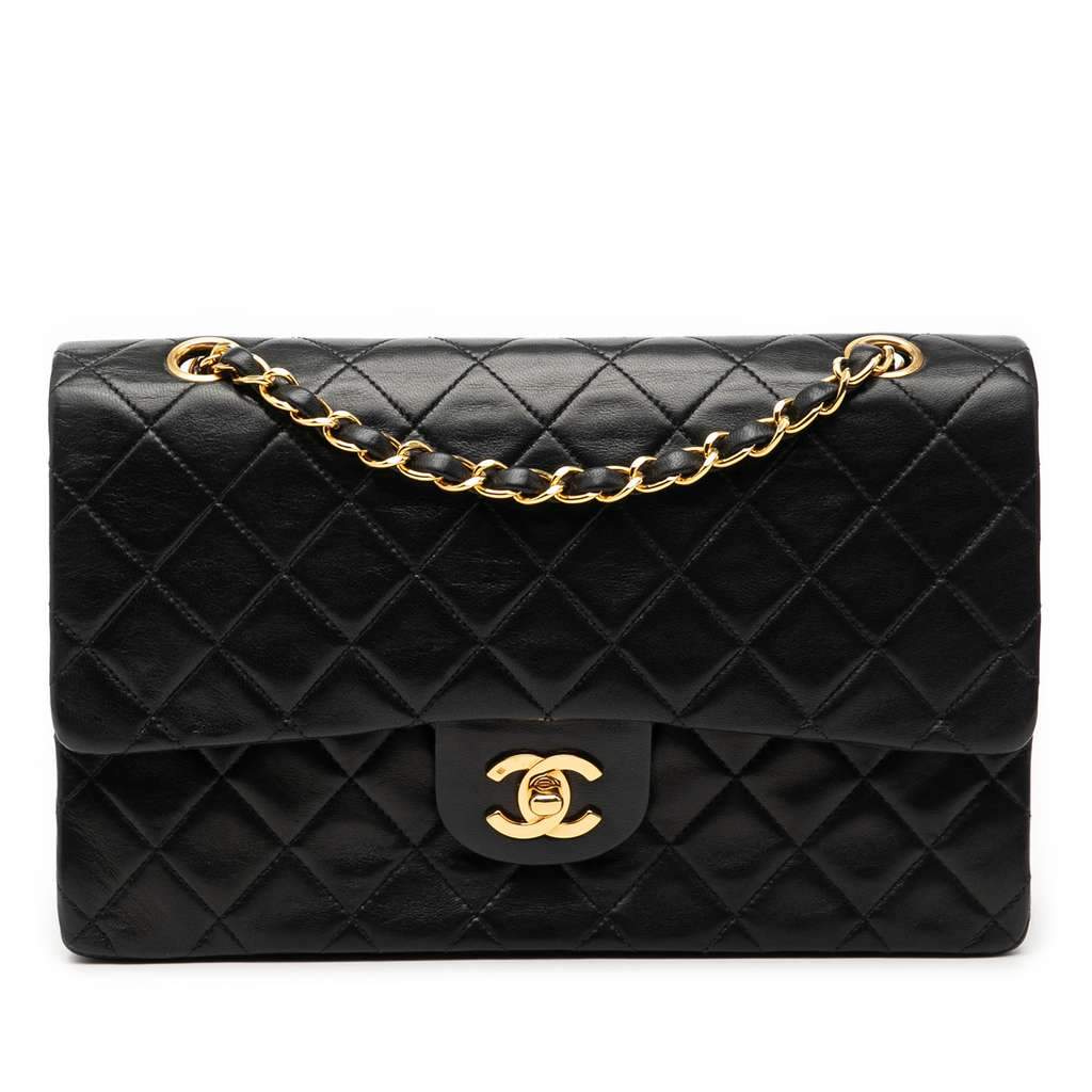 Chanel Medium Classic Lambskin Double Flap Black Leather Good - Front View