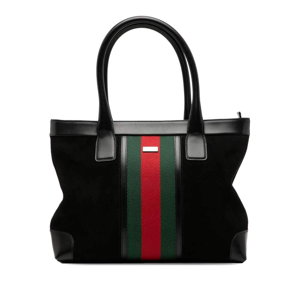 Gucci Suede Web Tote Black Leather Good - Front View