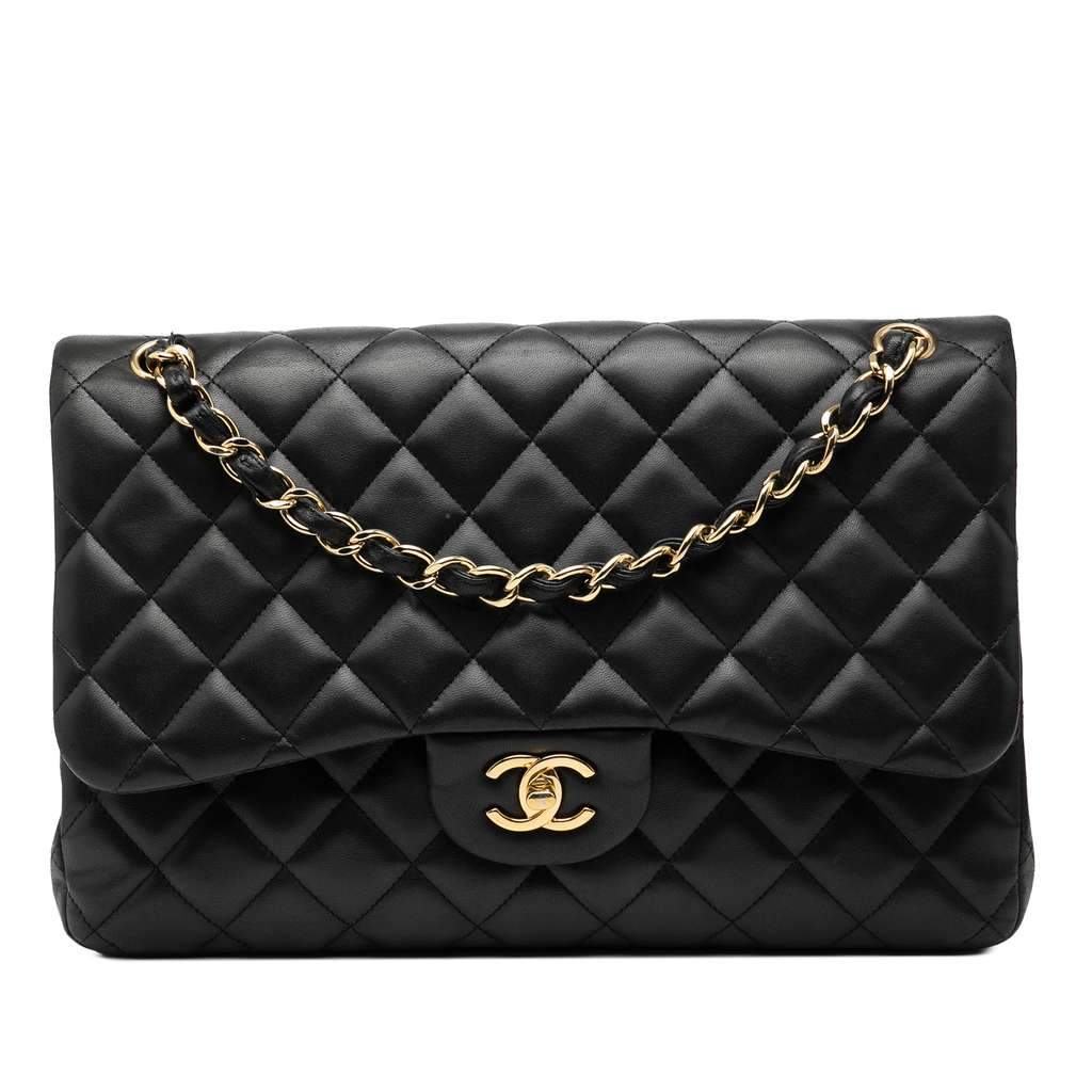 Chanel Jumbo Classic Lambskin Double Flap Black Leather Very good condition - Front View