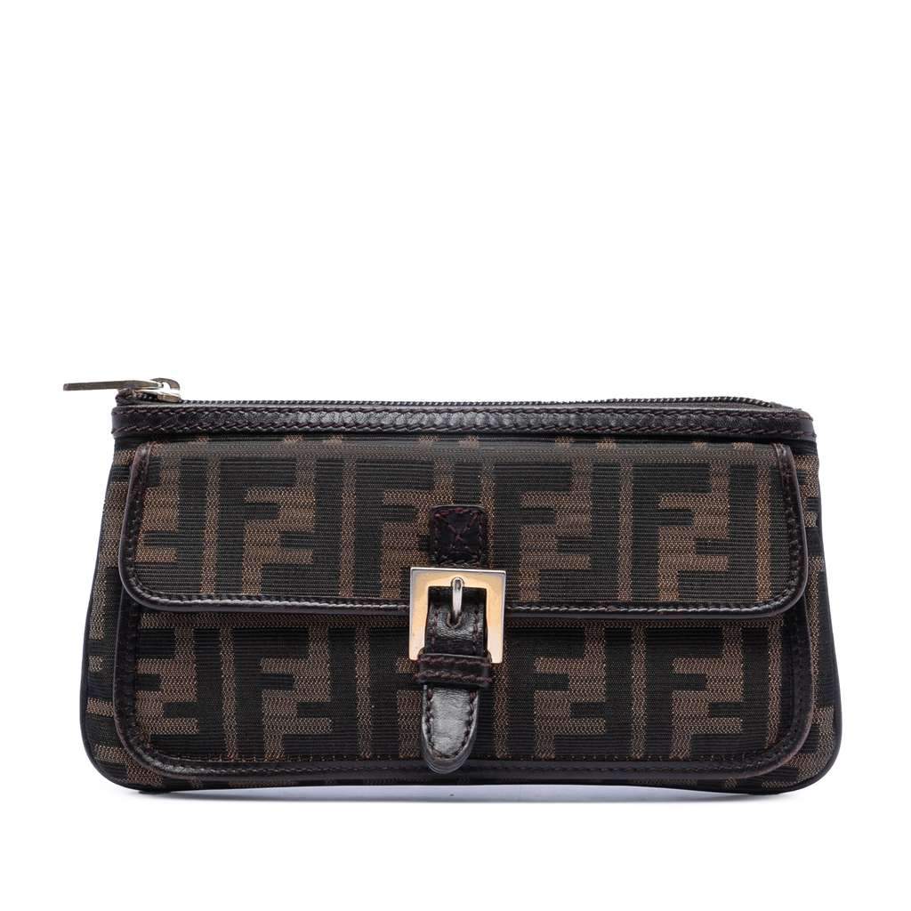 Fendi Zucca Canvas Zip Clutch Brown Canvas Good - Front View