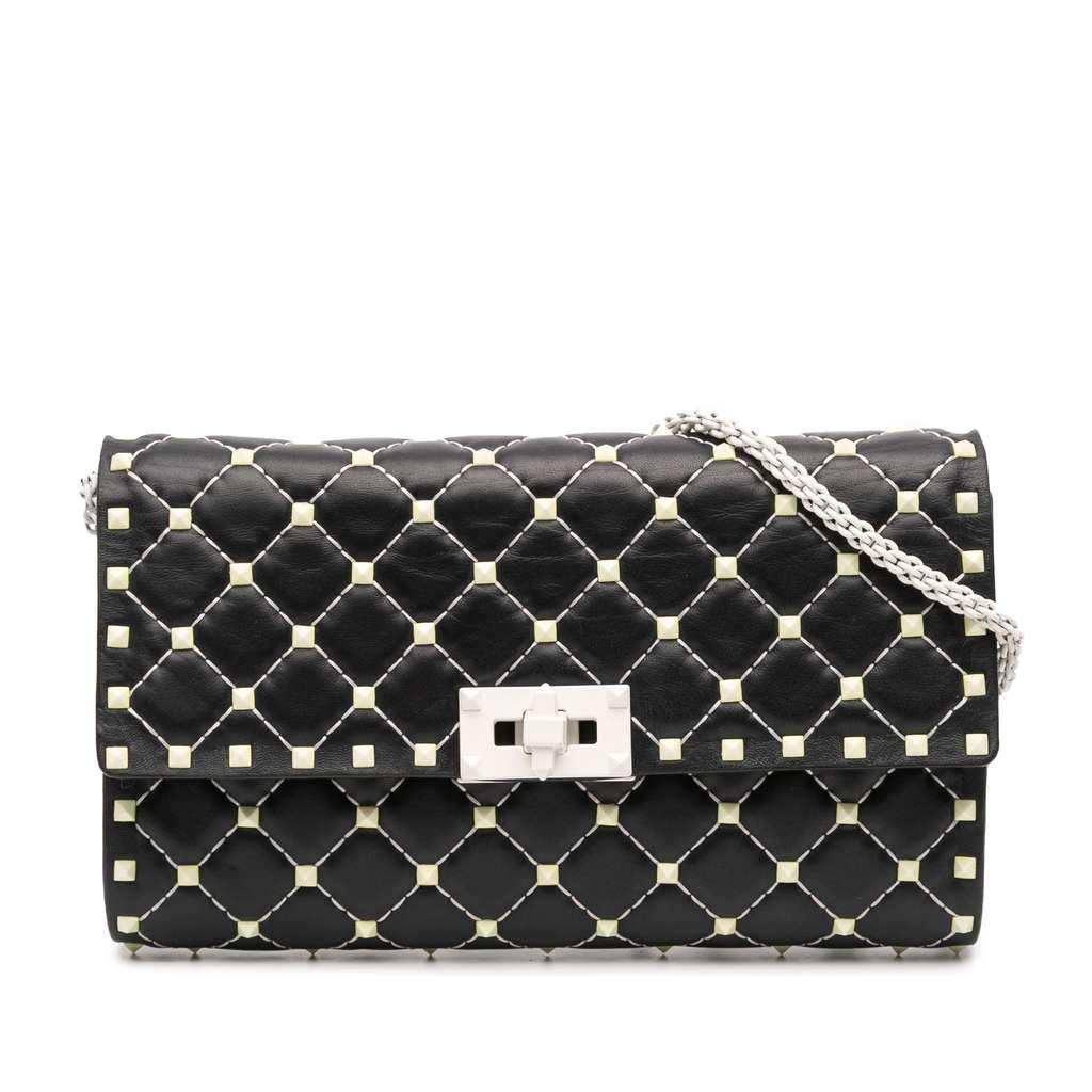 Valentino Quilted Lambskin Free Rockstud Spike Wallet On Chain Black Leather Very good - Front View