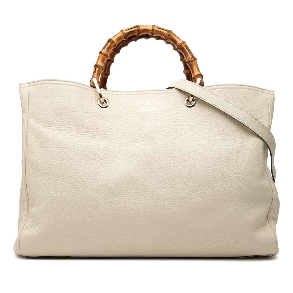 Gucci Large Calfskin Bamboo Shopper Satchel White Leather Good - Front View