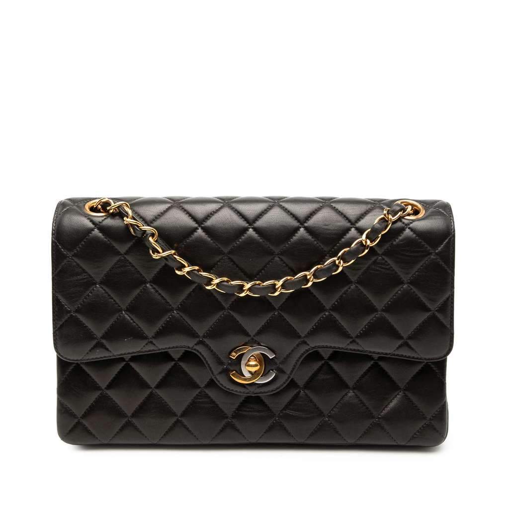 Chanel Medium Quilted Lambskin Gold and Silver Combo CC Double Flap Black Leather Very good condition - Front View