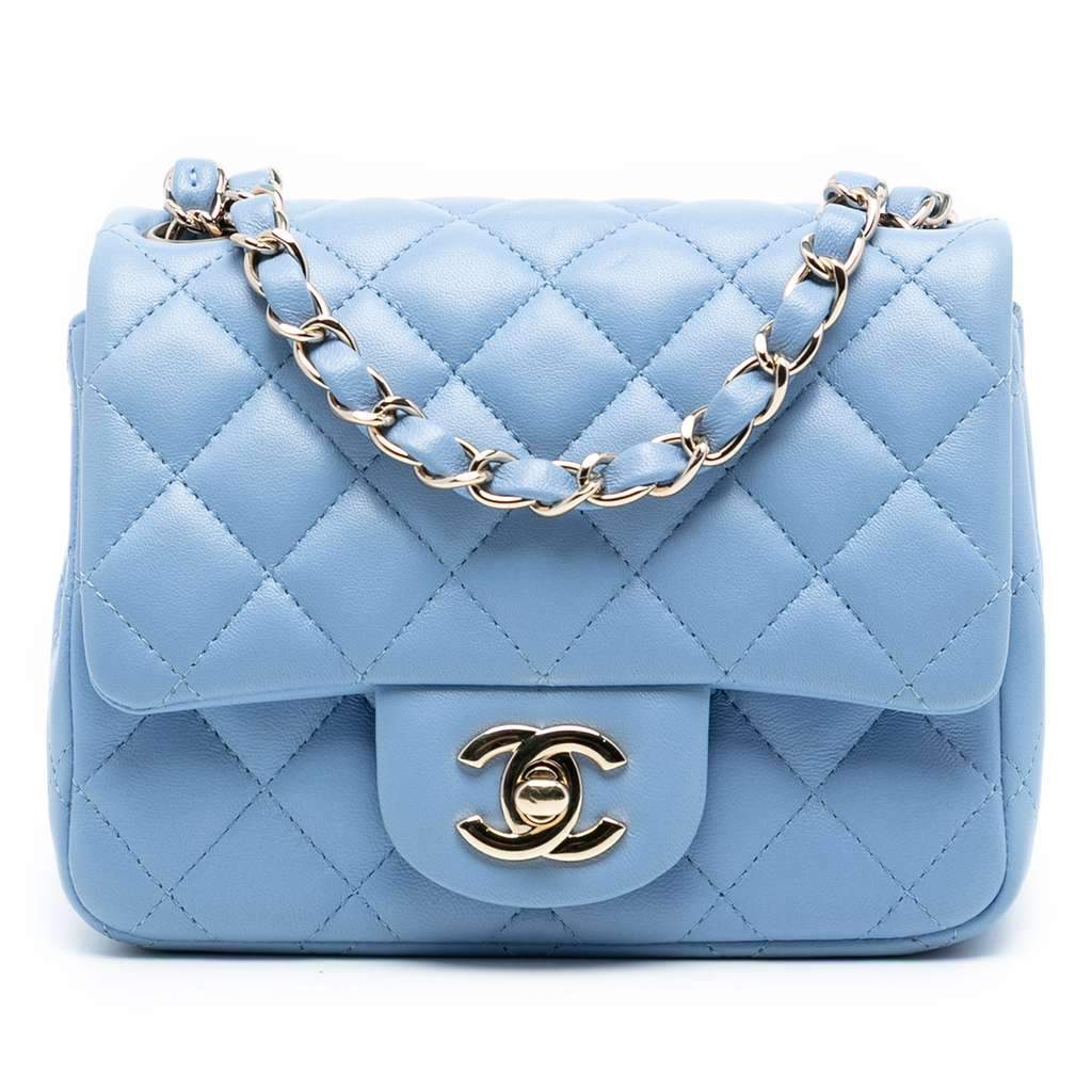 Chanel Mini Square Classic Lambskin Single Flap Blue Leather Good - Front View