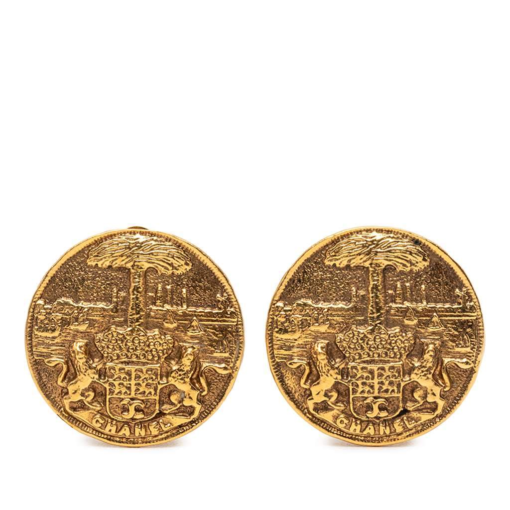 Chanel Gold Plated Medallion Coat of Arms Clip on Earrings Gold Metal Very good - Front View