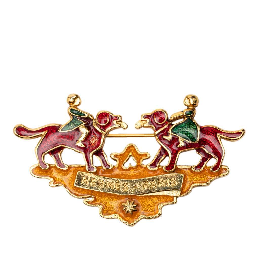 Hermès Gold Plated Enamel Children And Dogs Brooch Gold Metal Very good condition - Front View