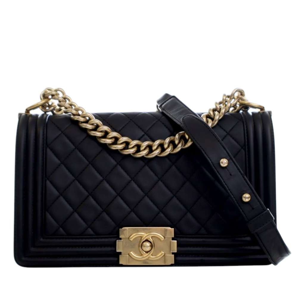 Chanel Old Medium Quilted Lambskin Boy Flap Black Leather Very good - Front View