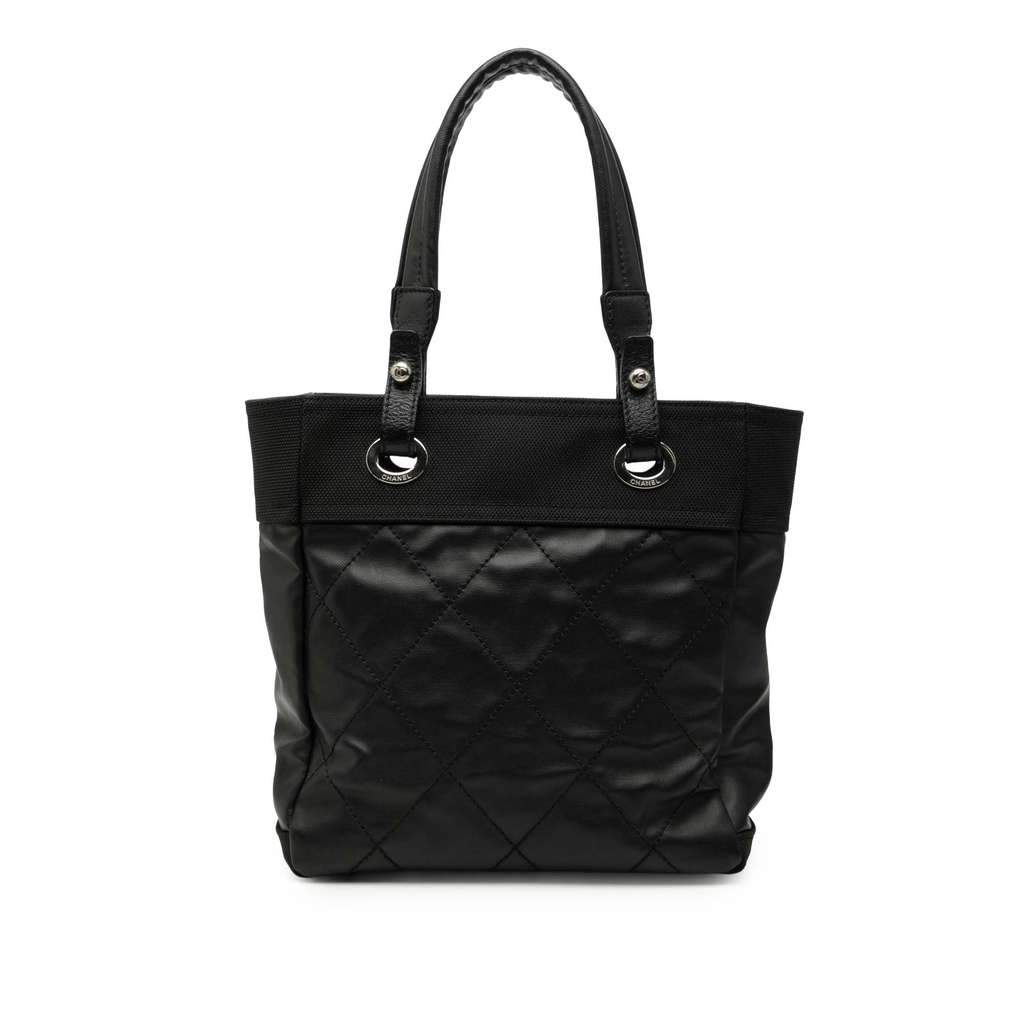 Chanel Small Quilted Coated Canvas Paris Biarritz Tote Black Canvas Very good - Front View