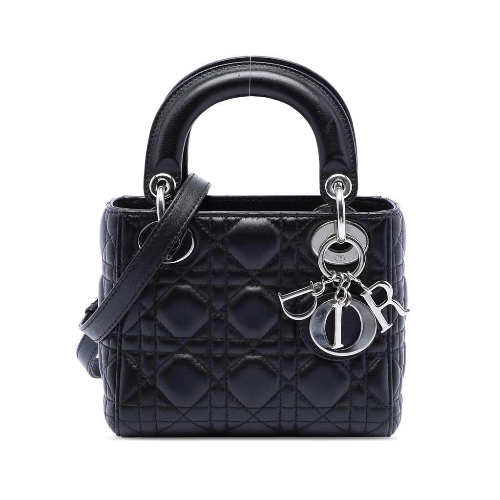 Dior Mini Lambskin Cannage Lady Dior Black Leather Very good condition - Front View