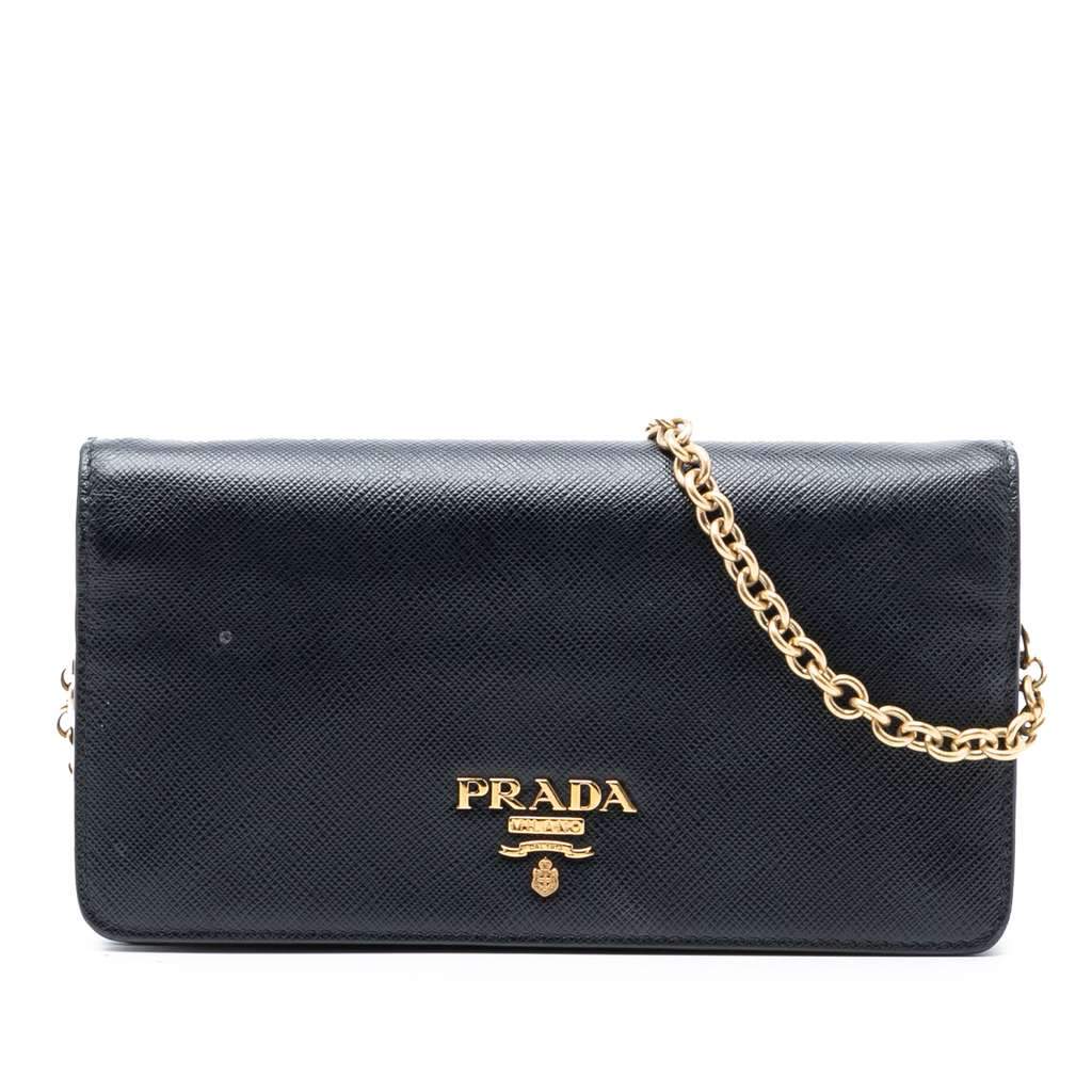 Prada Saffiano Wallet On Chain Black Leather Good - Front View