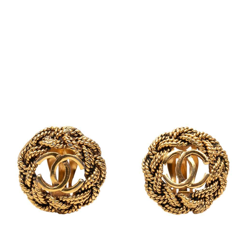 Chanel Gold Plated CC Twisted Rope Clip On Earrings Gold Metal Good - Front View
