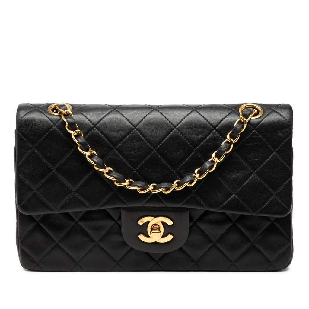 Chanel Small Classic Lambskin Double Flap Black Leather Good - Front View