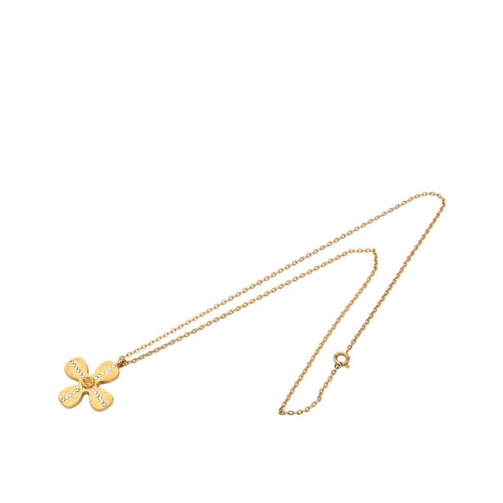 Chanel Gold Plated CC Crystal Clover Pendant Necklace Gold Metal Very good - Front View