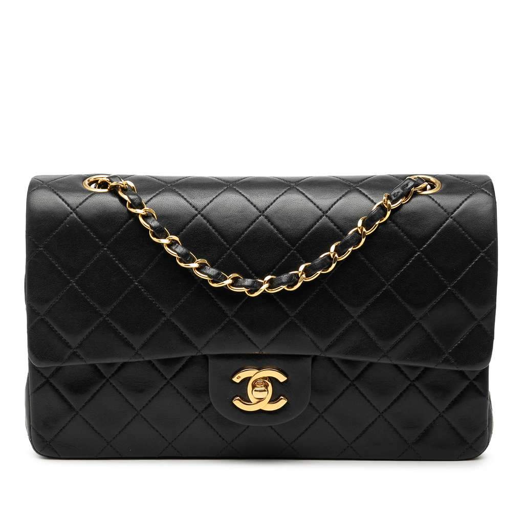 Chanel Medium Classic Lambskin Double Flap Black Leather Good - Front View