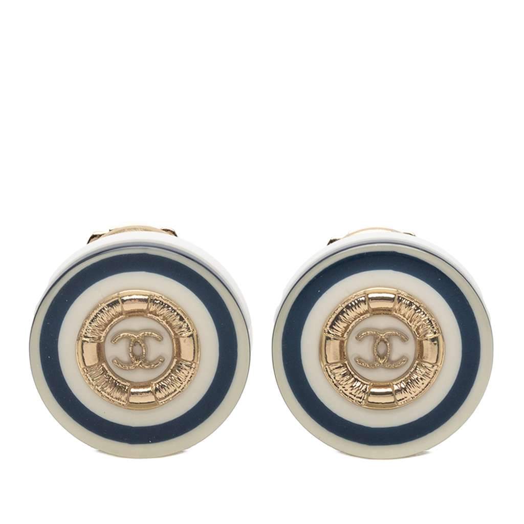 Chanel Gold Plated CC Resin Button Clip on Earrings White Very good - Front View