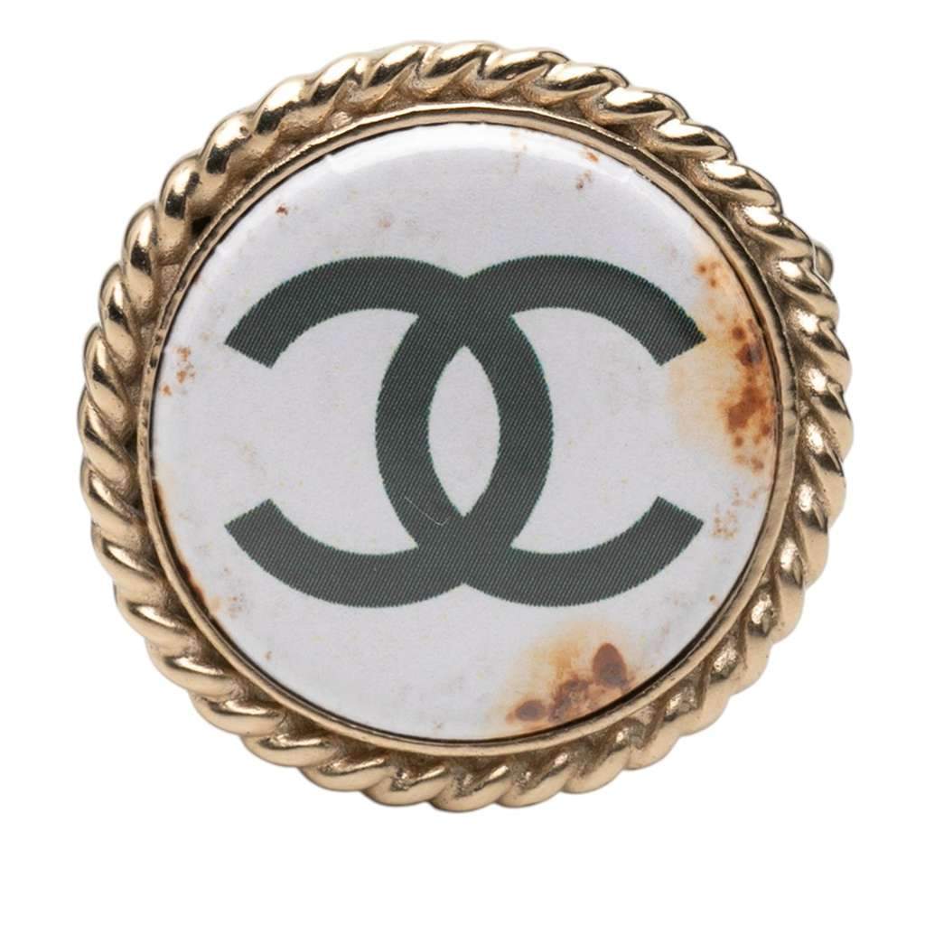 Chanel CC Resin Gold Plated Pin Brooch White Good - Front View