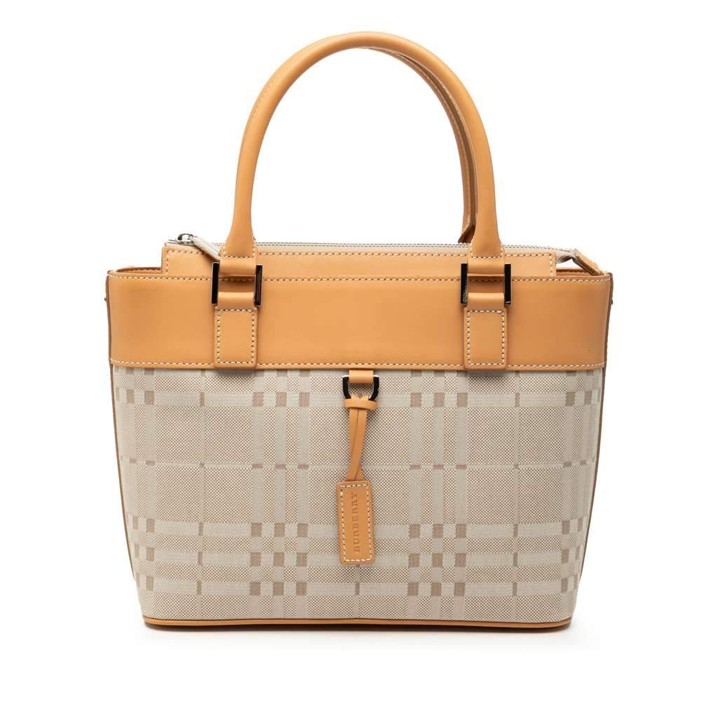 Burberry Leather Trimmed Tonal Check Canvas Handbag Brown Canvas Very good - Front View