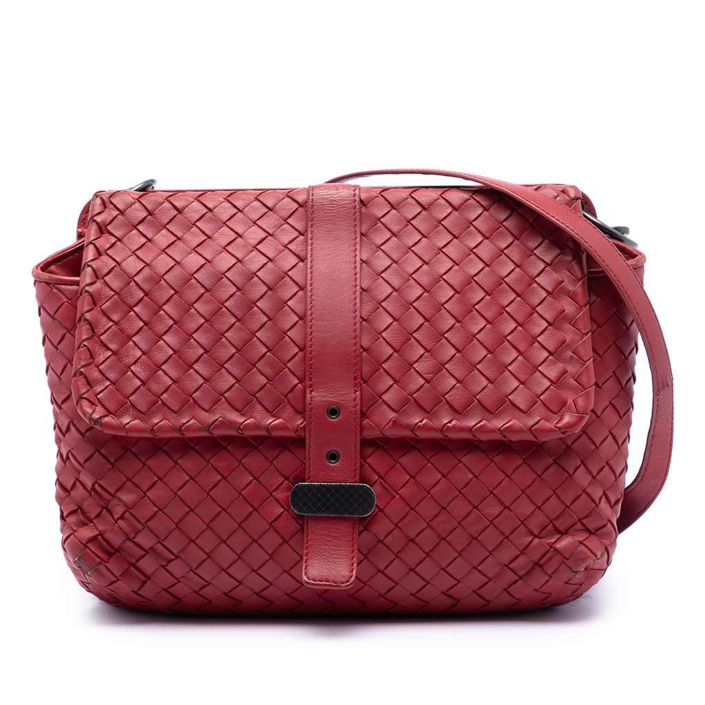 Bottega Veneta Nappa Intrecciato Double Sided Flap Messenger Bag Red Leather Very good - Front View