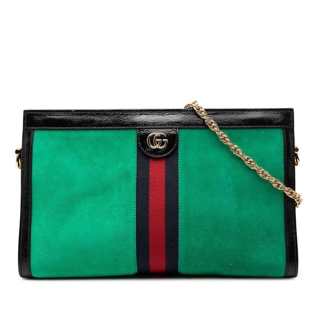 Gucci Medium Suede Web Ophidia Chain Shoulder Bag Green Leather Very good - Front View