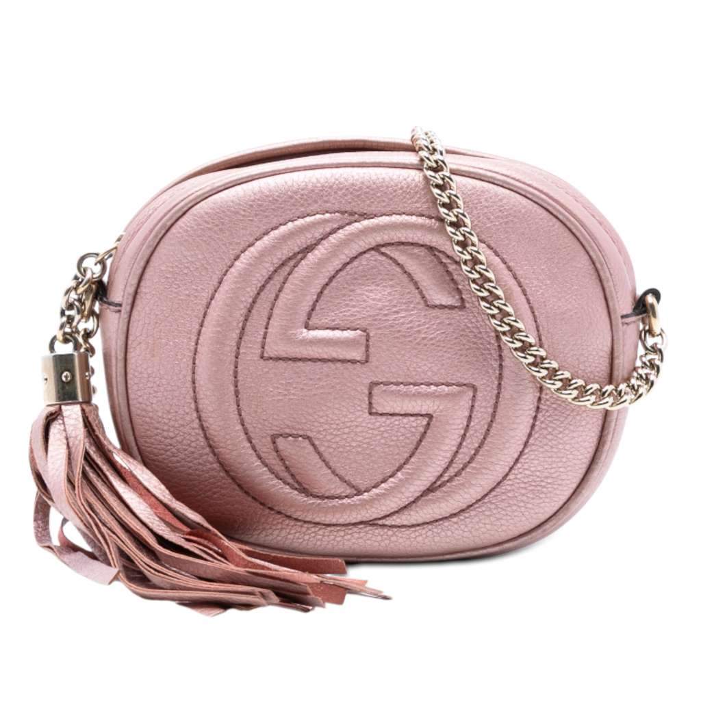 Gucci Mini Metallic Pebbled Calfskin Soho Chain Crossbody Pink Leather Very good - Front View