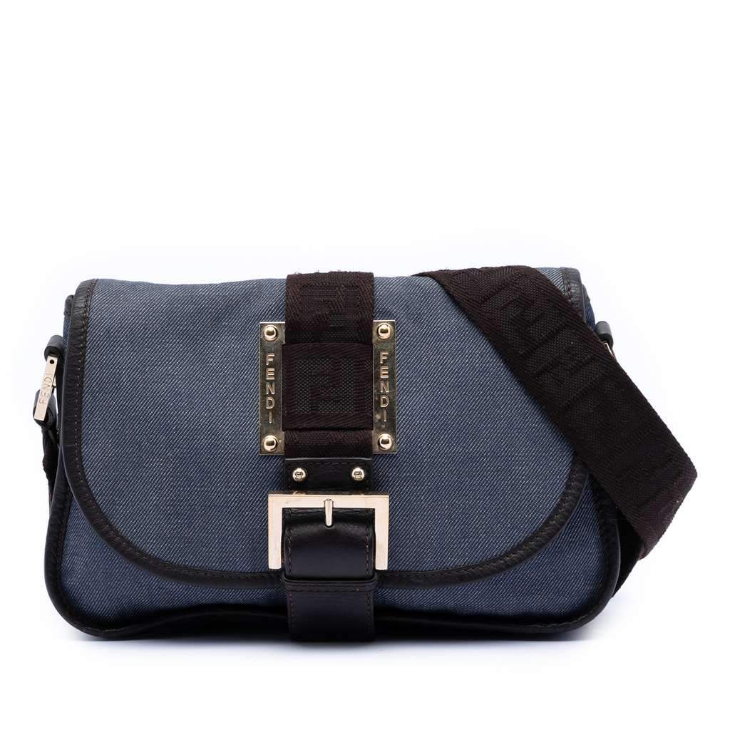Fendi Zucca Trimmed Denim Buckle Flap Blue Denim Very good - Front View