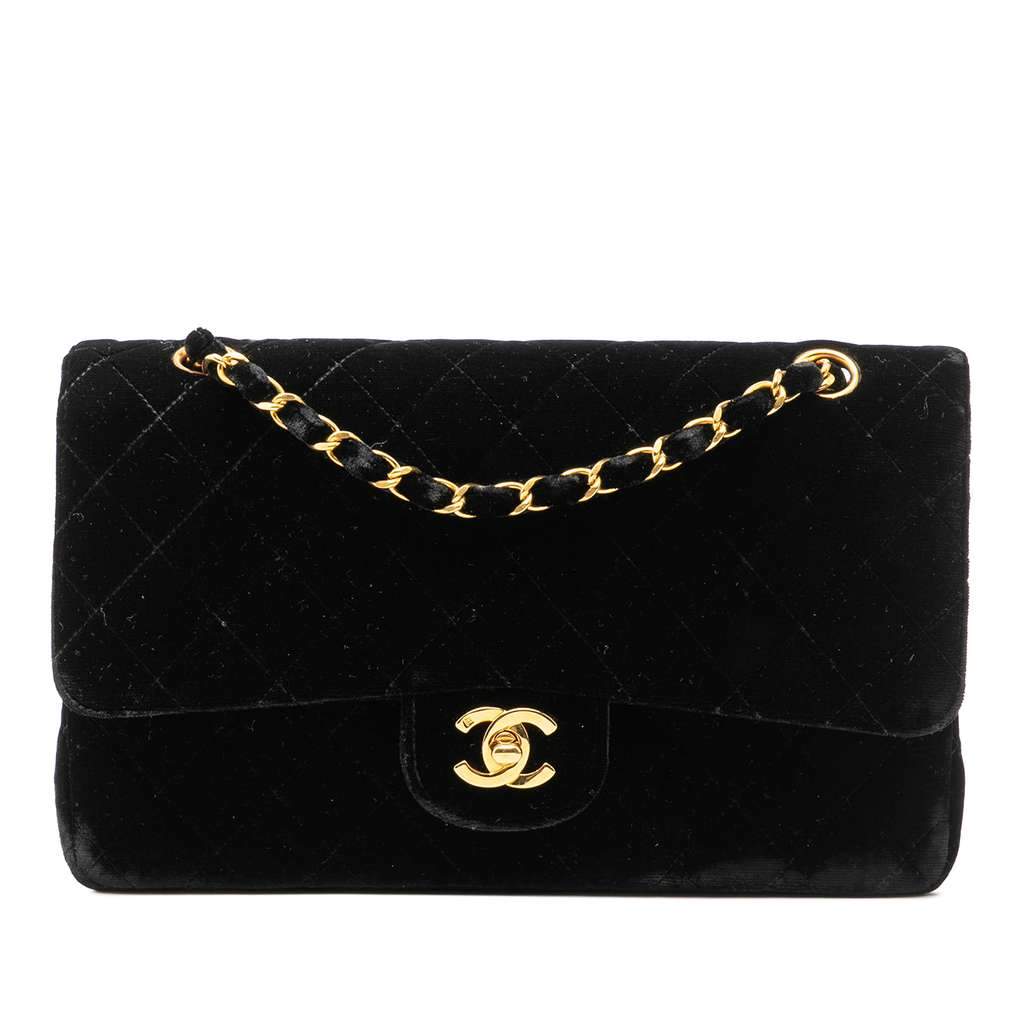 Chanel Medium Classic Velvet Double Flap Black Velvet Good - Front View