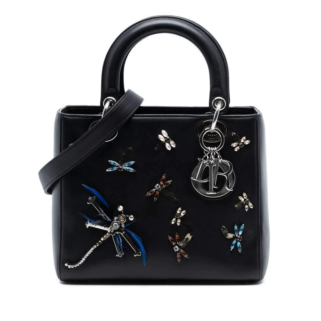 Dior Medium Calfskin Dragonfly Embellished Lady Dior Black Leather Very good - Front View