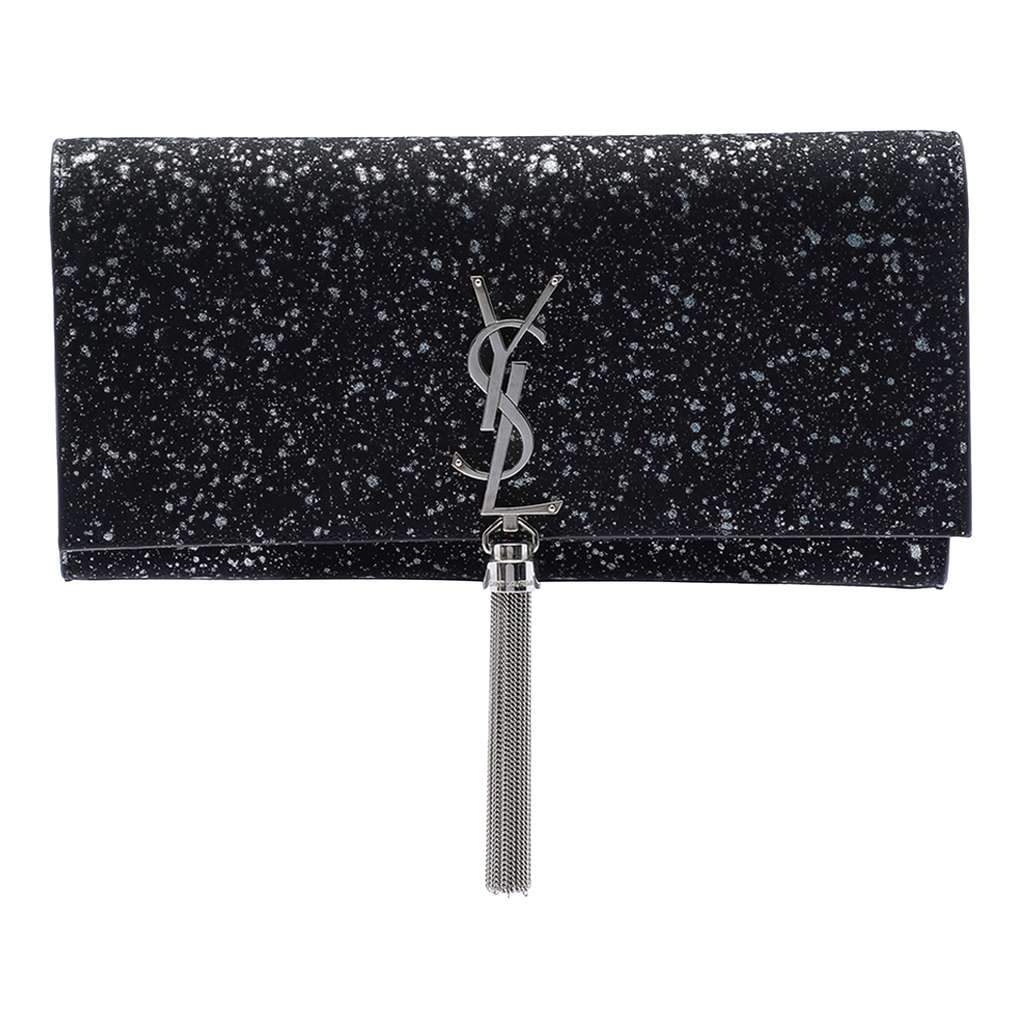 Saint Laurent Glittered Suede Monogram Kate Tassel Clutch Black Leather Good - Front View
