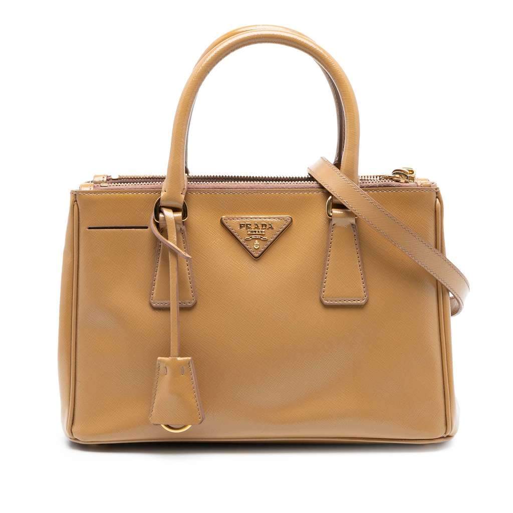 Prada Small Saffiano Vernice Galleria Double Zip Satchel Brown Leather Very good condition - Front View