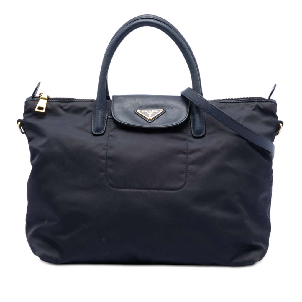 Prada Saffiano Trimmed Tessuto Satchel Blue Good condition - Front View