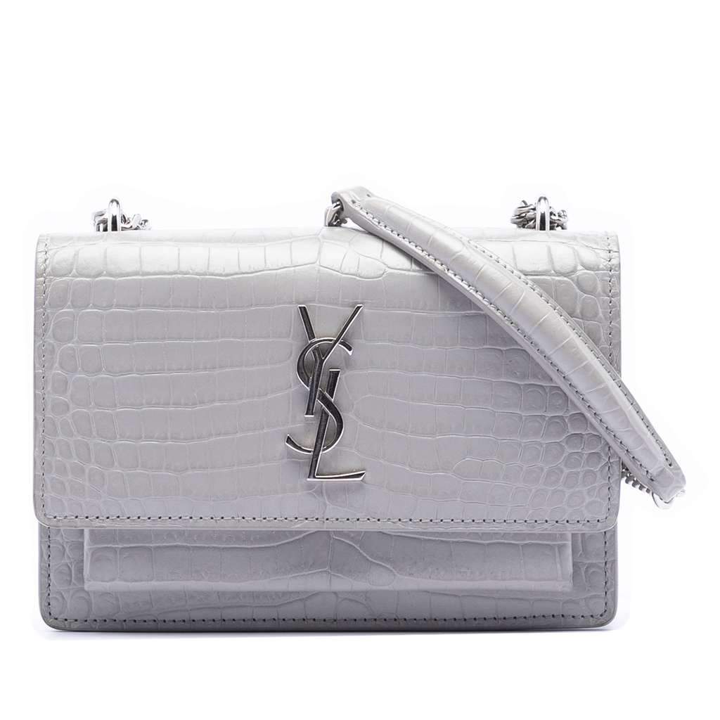Saint Laurent Mini Croc Embossed Leather Monogram Sunset Wallet on Chain Grey Leather Very good condition - Front View