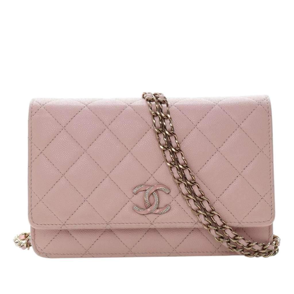 Chanel Quilted Caviar Crystal Enamel CC Wallet On Chain Pink Leather Very good condition - Front View