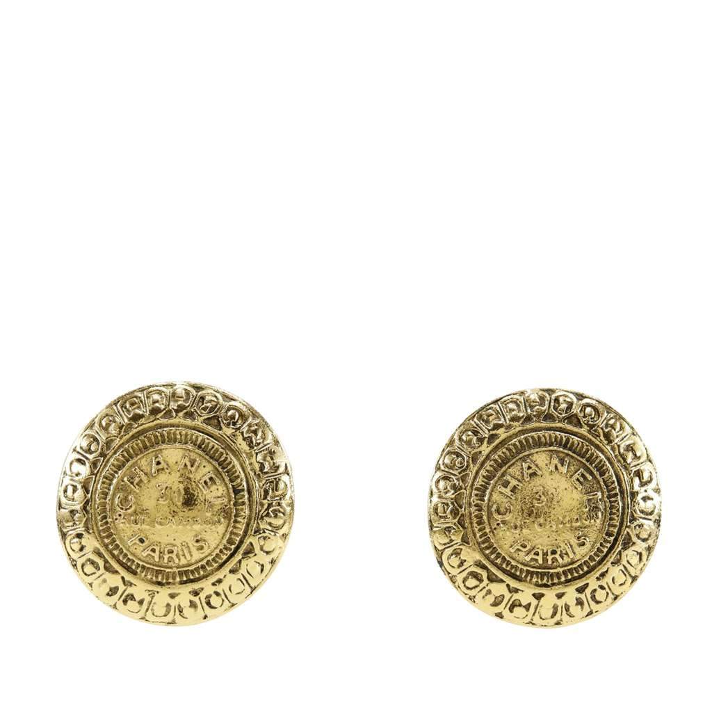 Chanel Gold Plated Rue Cambon Medallion Clip On Earrings Gold Metal Very good - Front View