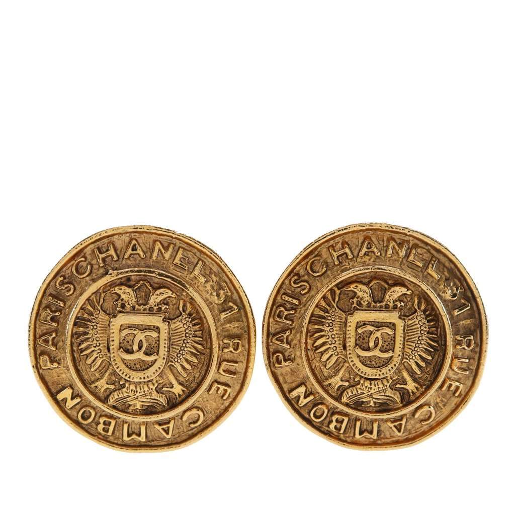 Chanel Gold Plated Rue Cambon Crest Clip On Earrings Gold Metal Very good - Front View