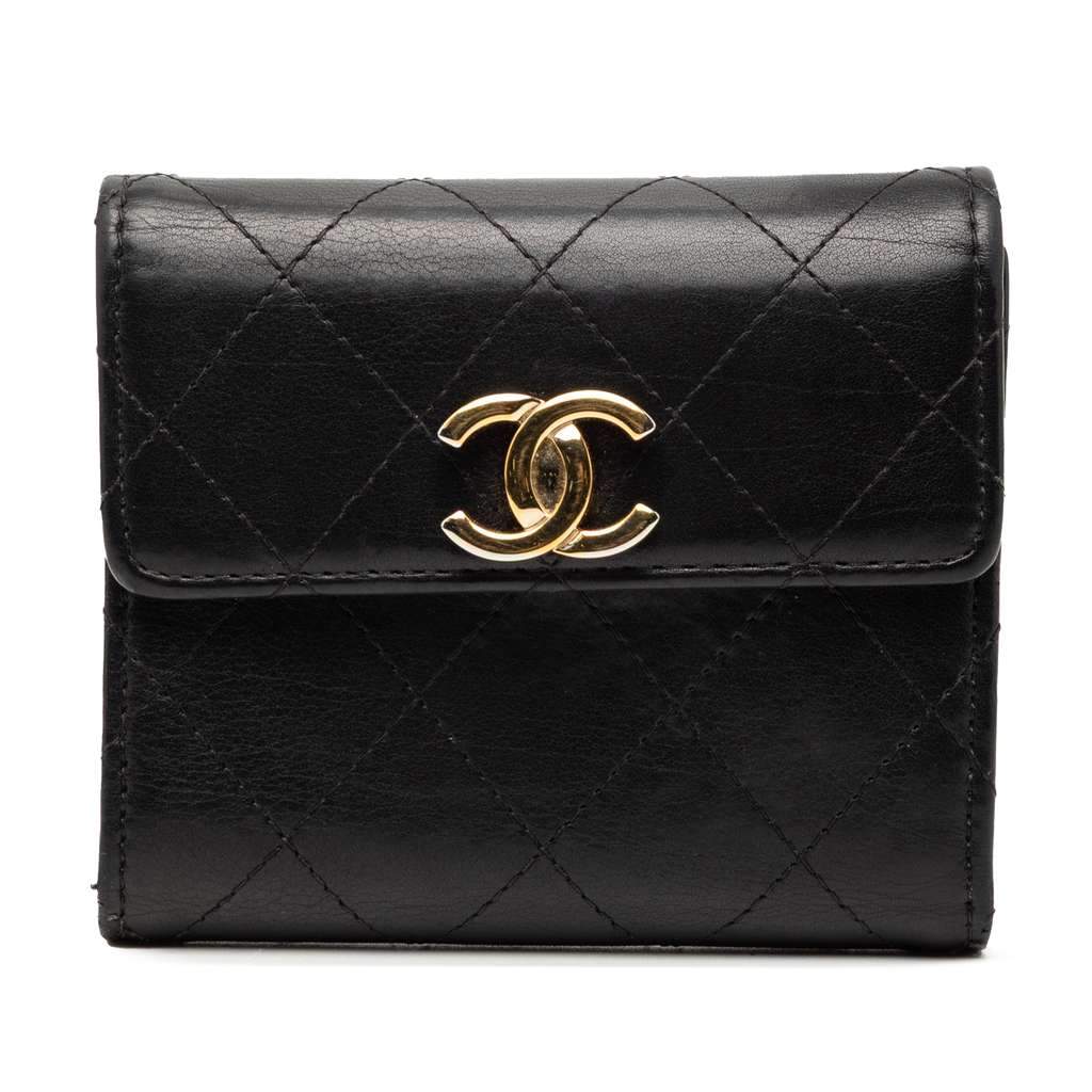 Chanel CC Quilted Lambskin Trifold Wallet Black Leather Good - Front View