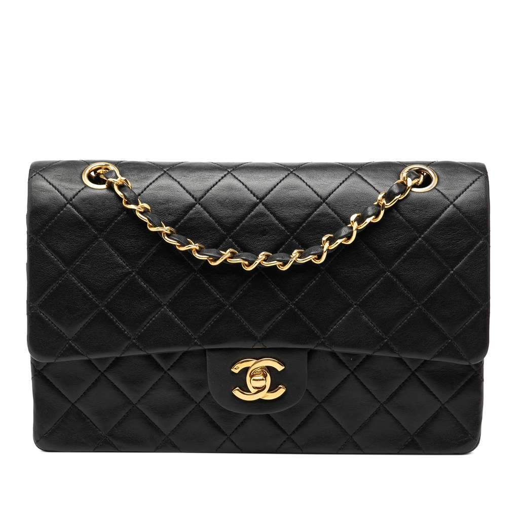 Chanel Medium Classic Lambskin Double Flap Black Leather Good - Front View