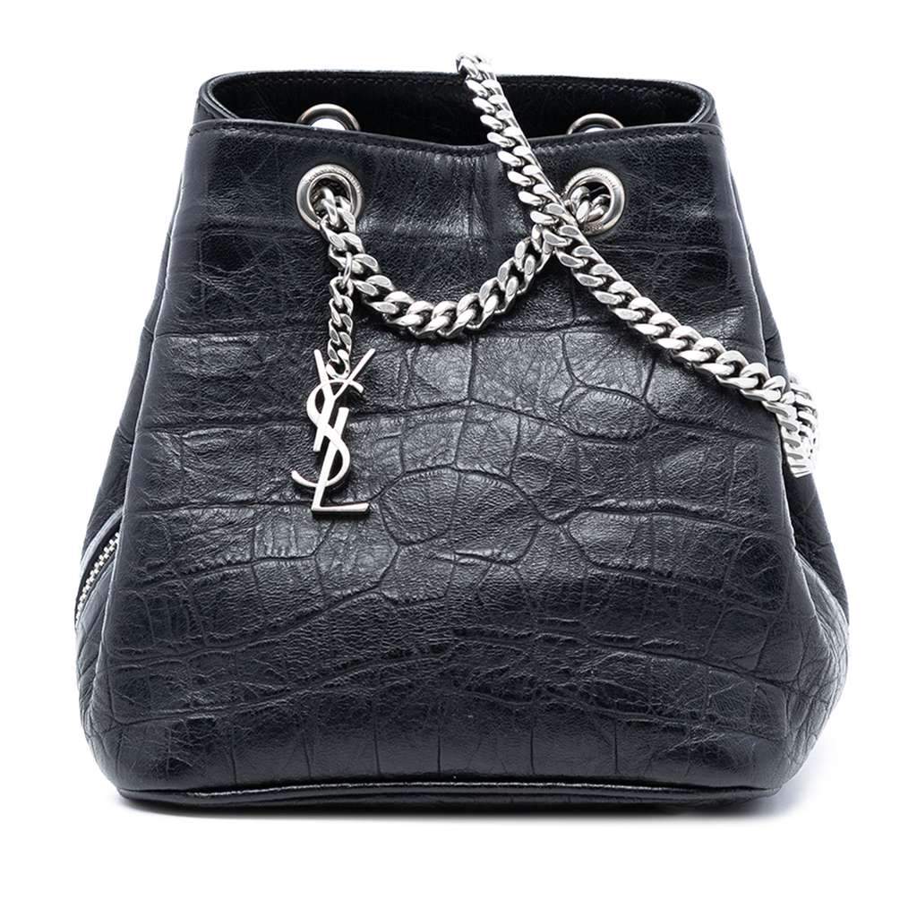 Saint Laurent Baby Crocodile Embossed Calfskin Emmanuelle Bucket Bag Black Leather Good - Front View