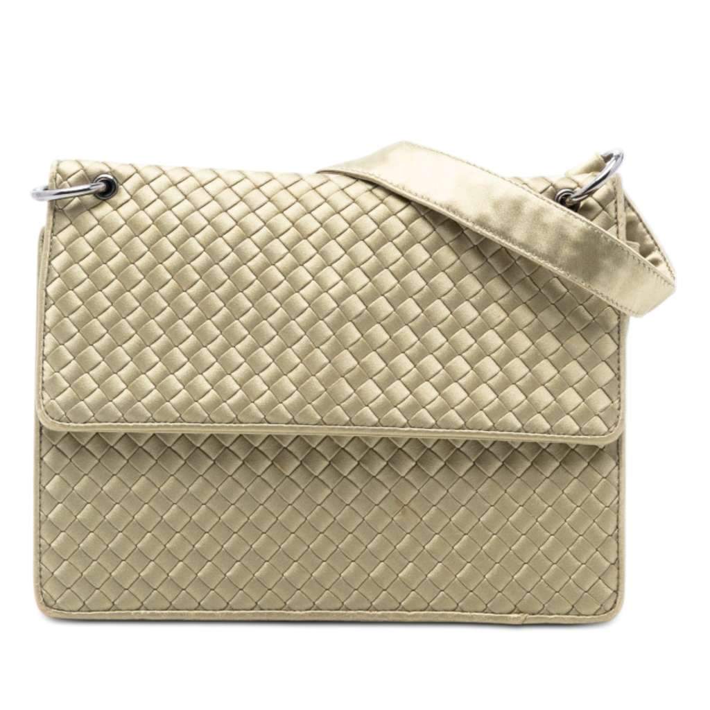 Bottega Veneta Satin Intrecciato Flap Shoulder Bag Gold Satin Very good - Front View