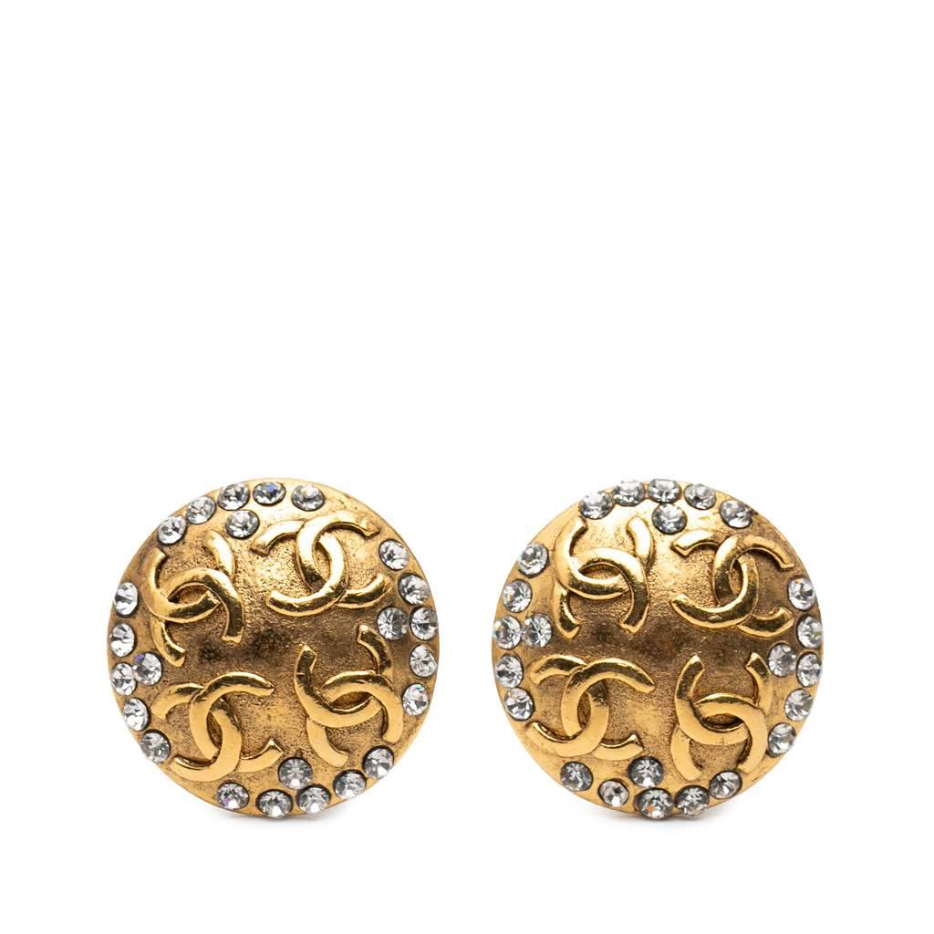 Chanel Gold Plated CC Crystal Round Clip On Earrings Gold Metal Very good - Front View