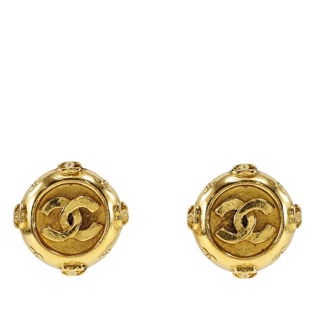 Chanel CC Gold Plated Round Clip On Earrings Gold Metal Very good - Front View