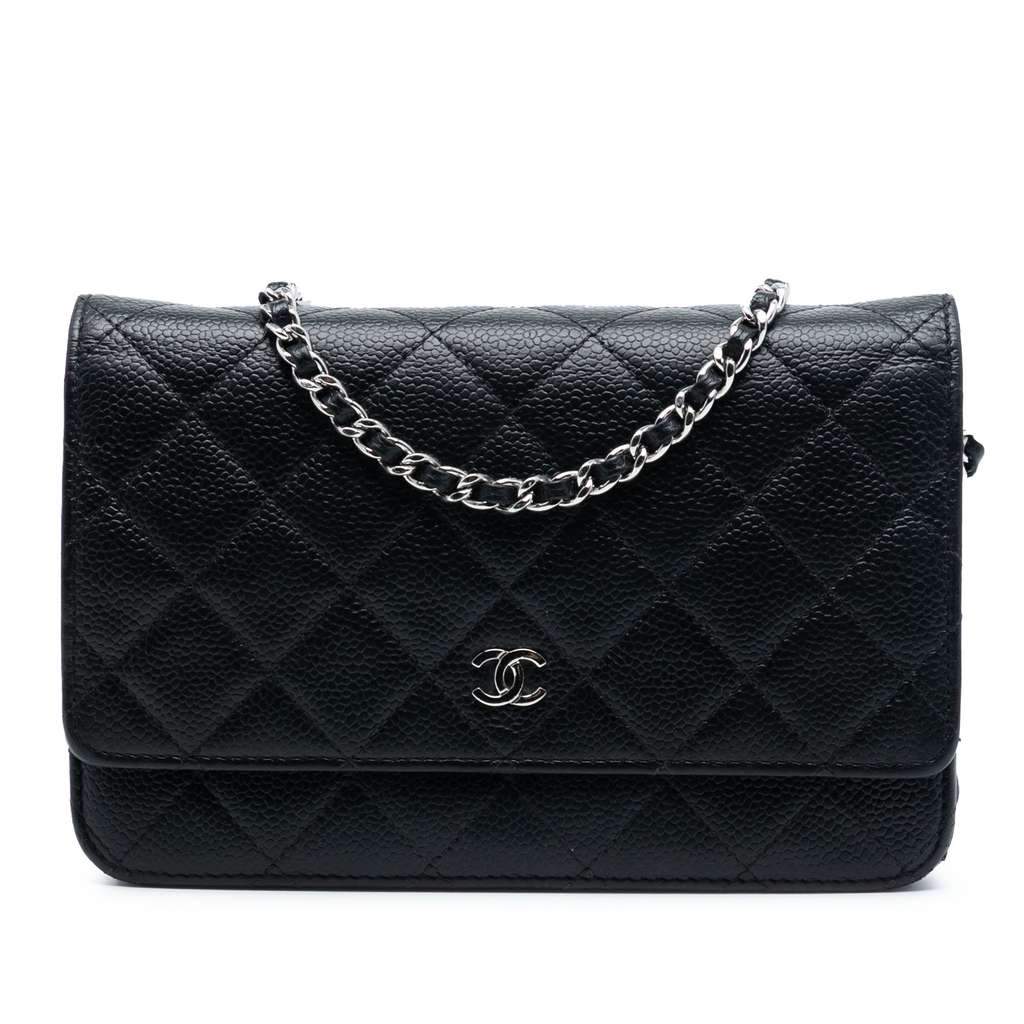 Chanel CC Quilted Caviar Wallet on Chain Black Leather Good - Front View