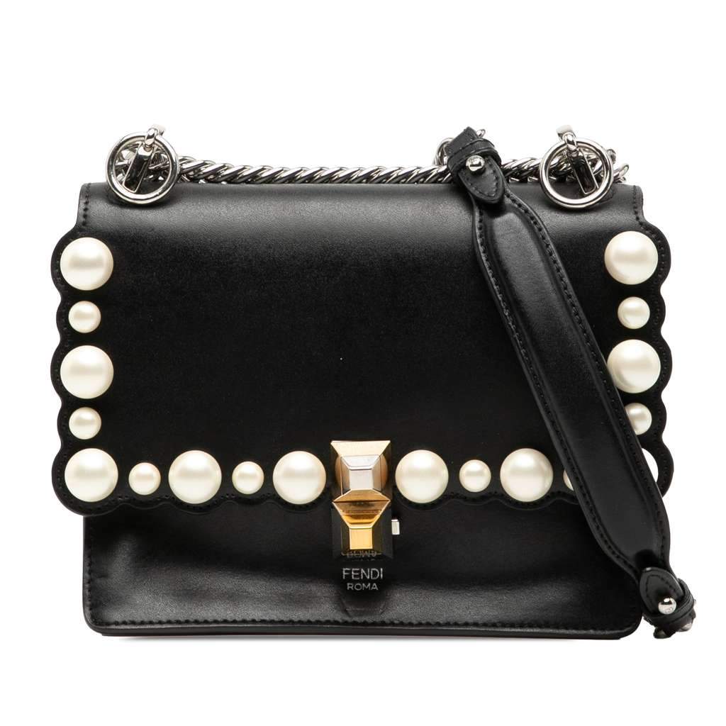 Fendi Mini Scalloped Leather and Pearls Kan I Crossbody Black Leather Very good - Front View