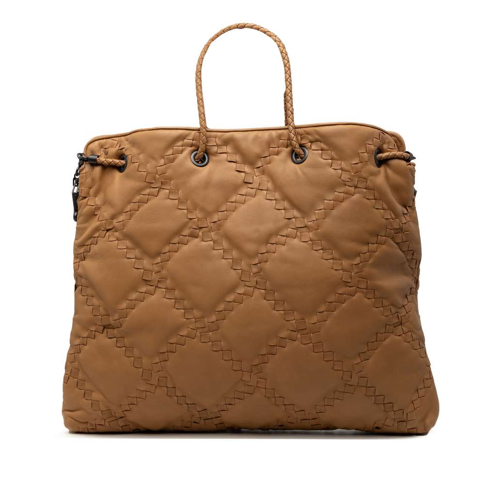 Bottega Veneta Intrecciato Trimmed Leather Croisette Drawstring Tote Brown Leather Very good - Front View