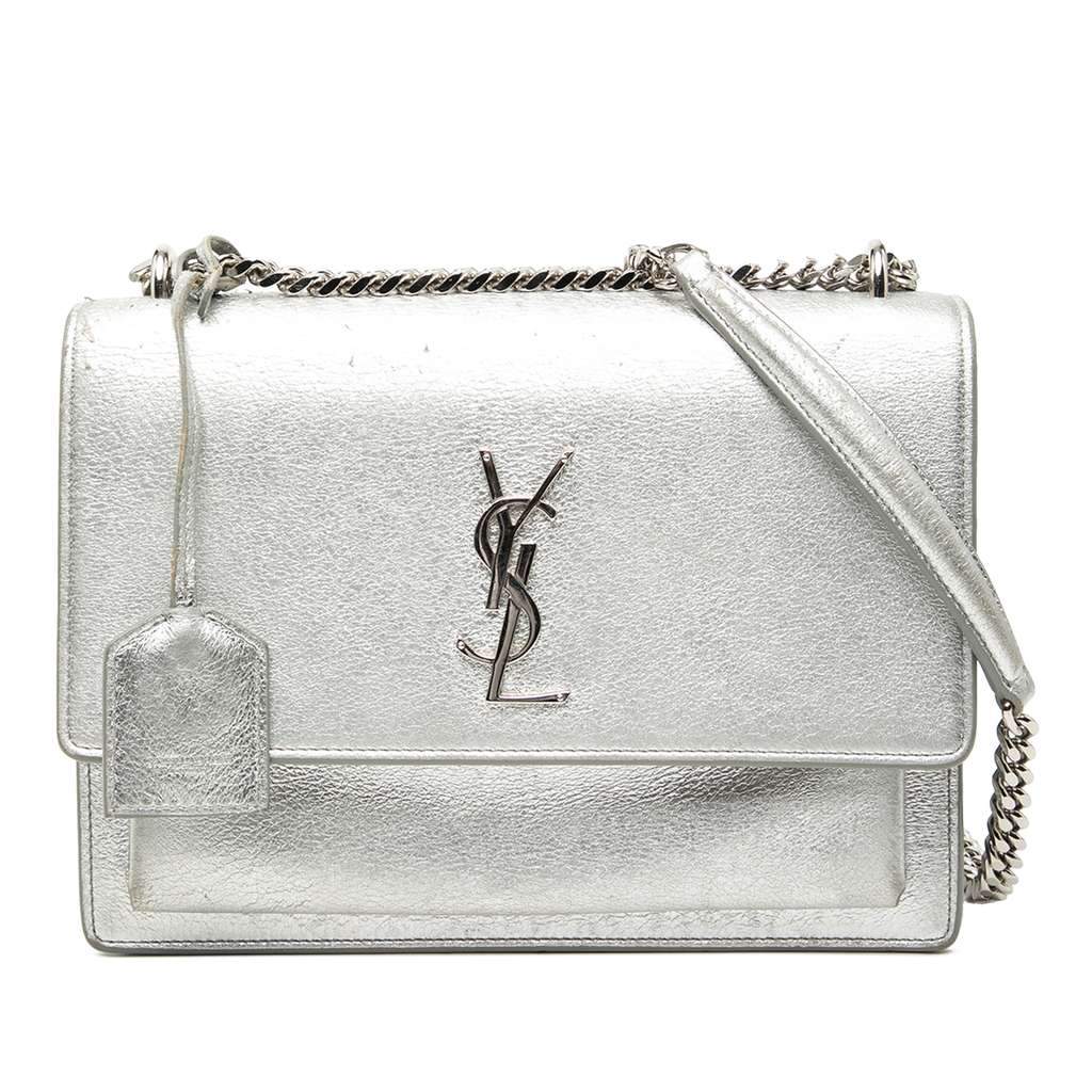 Saint Laurent Medium Metallic Calfskin Monogram Sunset Crossbody Silver Leather Good - Front View